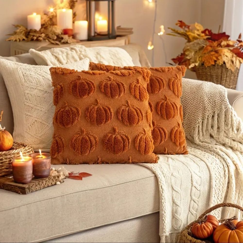 💐Plush Faux Fur Jacquard Autumn Pumpkin Throw Pillow Zipper Closure 18" X 18" - Picture 4 of 5